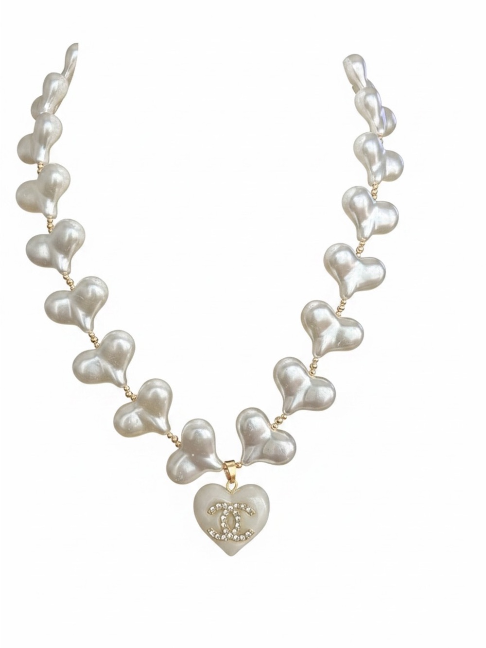 Pearl Heart Necklace with Crystal Logo Pendant - White